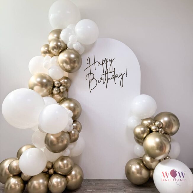 Happy Birthday Balloon Garland with arch backdrop